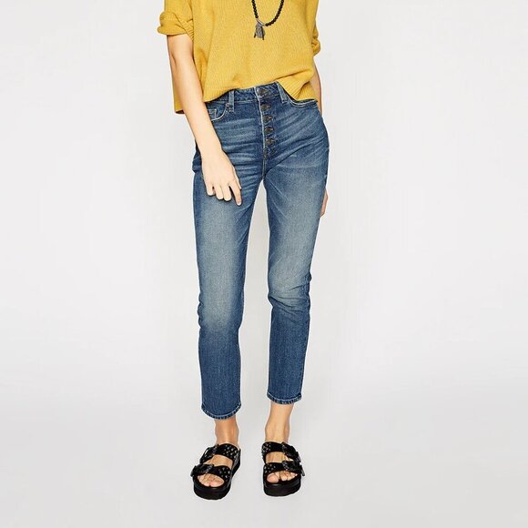 THE KOOPLES Lizy High-Rise Slim Distressed Whiskered Straight Leg Blue Jeans 28 - Picture 1 of 9